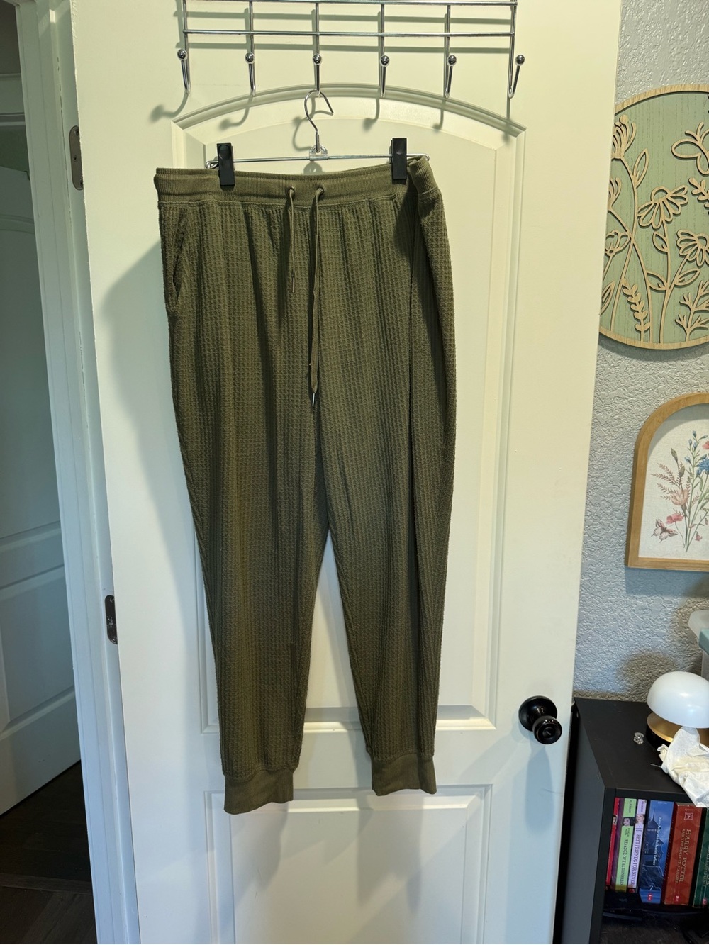 Olive Waffle Knit Drawstring Joggers for Women